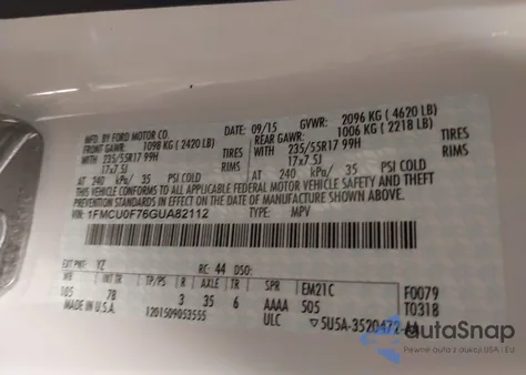 2016 Ford Escape S z USA, uszkodzony, nr VIN 1FMCU0F76GUA82112